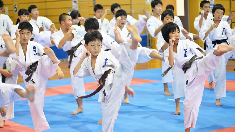 大人数で前蹴りを合わせる子供たち