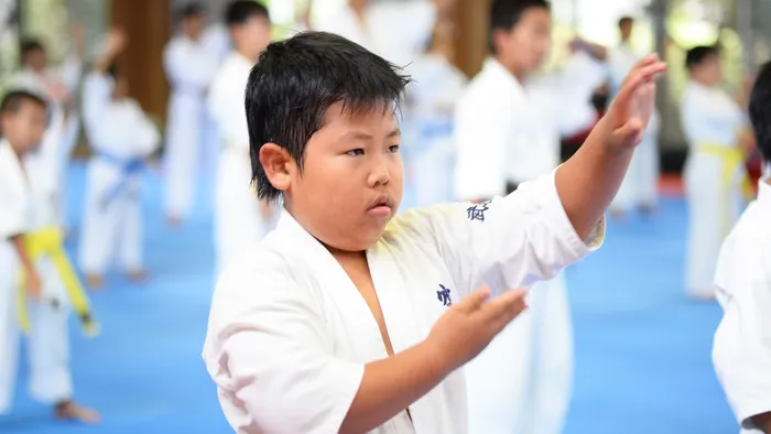 正拳突きの構えをする男の子