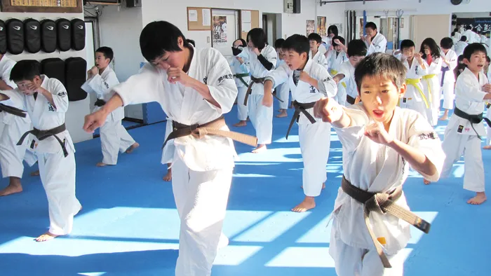 道場で並んで正拳突きの稽古をする子供たち